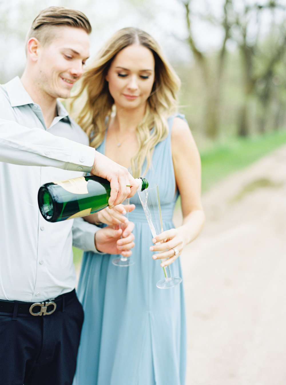 Detroit Engagement session | countryside Engagement | champagne toast